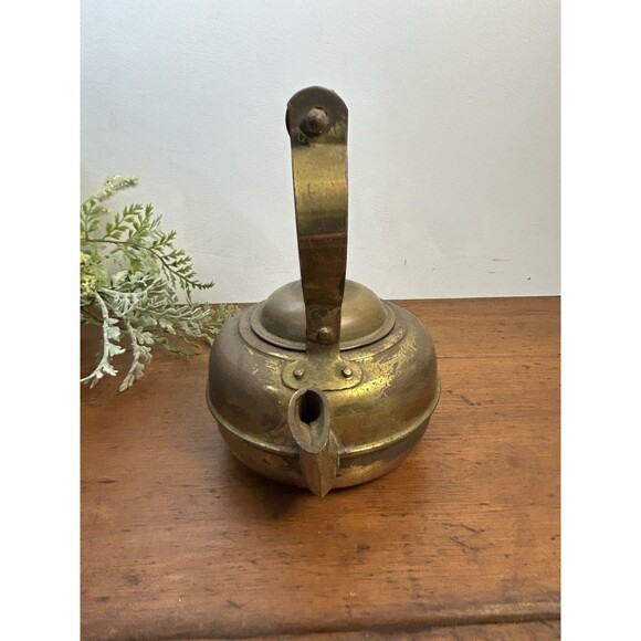 Small Vintage Brass Tea Kettle W/Wood Handle & Gooseneck Spout Patina READ - Picture 2 of 10